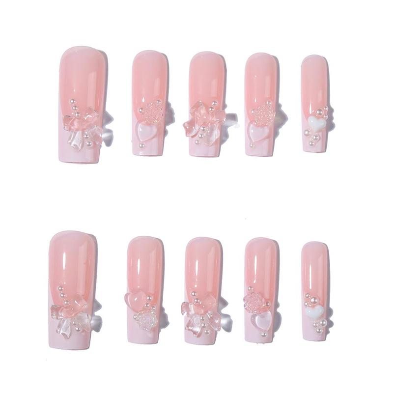 24pcs/set Faux Pearl, Heart, Bow Design Fake Nails with 1 Nail File & 1 Sticker Sheet, Long Square False Nails for Women & Girls DIY Nail Art, Elegant Press On Fake Nail Kit, Manicure Accessories