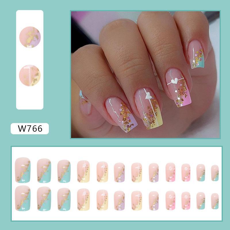 Removable Nail Art Artificial Full Cover, 1 Box Colorful Heart Pattern Fake Nail, Glitter Press on Square Nail for Women & Girls