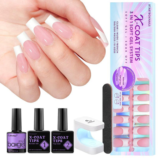 btartboxnails XCOATTIPS French Tip Nails - Long Square Nail Tips with Nail Gel, French Protecing Duo, Nail Lamp, All in One Soft Gel French Tip Press on Nails Gel Extension Mothers Day Gifts