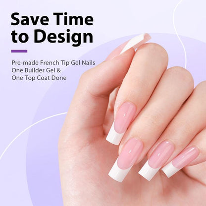 btartboxnails XCOATTIPS French Tip Nails - Long Square Nail Tips with Nail Gel, French Protecing Duo, Nail Lamp, All in One Soft Gel French Tip Press on Nails Gel Extension Mothers Day Gifts