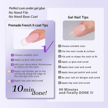 btartboxnails XCOATTIPS French Tip Nails - Long Square Nail Tips with Nail Gel, French Protecing Duo, Nail Lamp, All in One Soft Gel French Tip Press on Nails Gel Extension Mothers Day Gifts