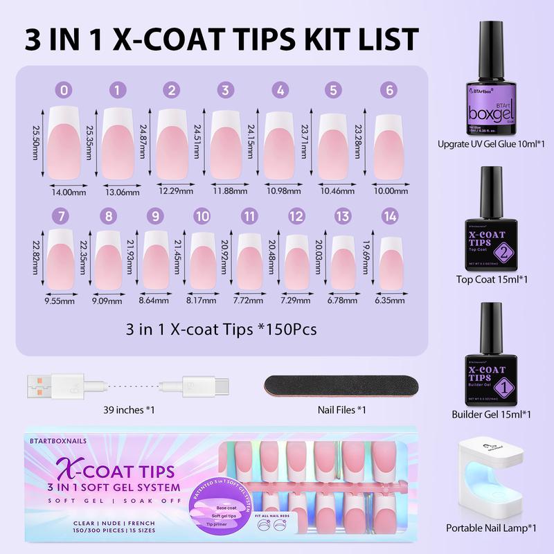 btartboxnails XCOATTIPS French Tip Nails - Long Square Nail Tips with Nail Gel, French Protecing Duo, Nail Lamp, All in One Soft Gel French Tip Press on Nails Gel Extension Mothers Day Gifts