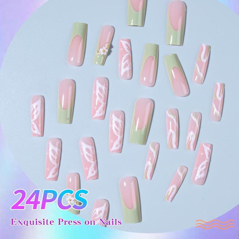 Floral & Butterfly Pattern Fake Nails with 1 Nail File & 1 Sticker Sheet, 24pcs Long Square False Nails, French Elegant Stick On Nails Kit, Easy to Apply