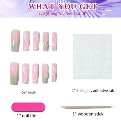 Floral & Butterfly Pattern Fake Nails with 1 Nail File & 1 Sticker Sheet, 24pcs Long Square False Nails, French Elegant Stick On Nails Kit, Easy to Apply