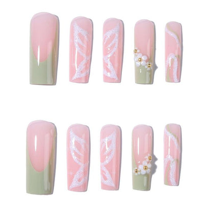 Floral & Butterfly Pattern Fake Nails with 1 Nail File & 1 Sticker Sheet, 24pcs Long Square False Nails, French Elegant Stick On Nails Kit, Easy to Apply