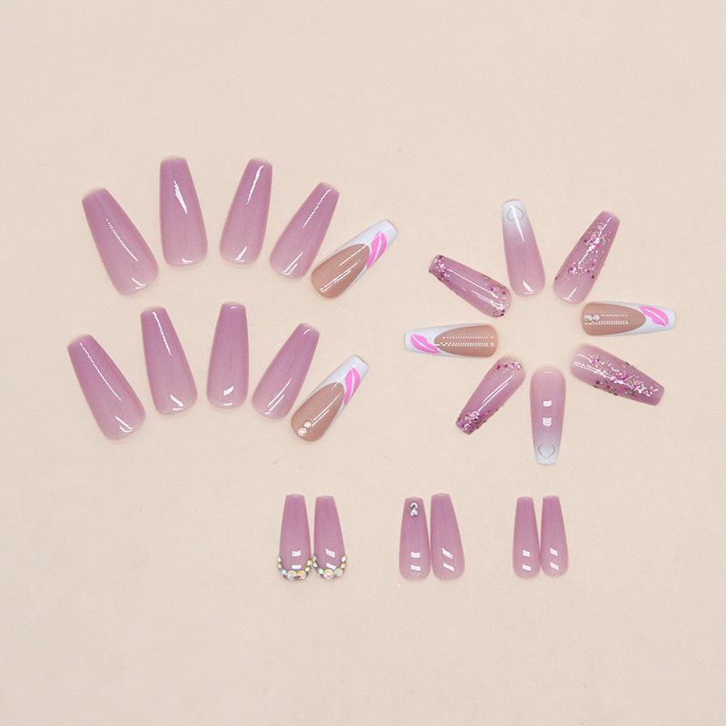 24pcs Glitter Heart Decor Long Fake Nail, French Style Press on Nail with 1 Count Tape & 1 Count Nail File, Elegant Stick on Nails Kit, Easy To Apply, Reusable Nail Art Kit for Women & Girls