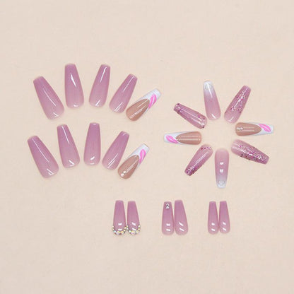 24pcs Glitter Heart Decor Long Fake Nail, French Style Press on Nail with 1 Count Tape & 1 Count Nail File, Elegant Stick on Nails Kit, Easy To Apply, Reusable Nail Art Kit for Women & Girls