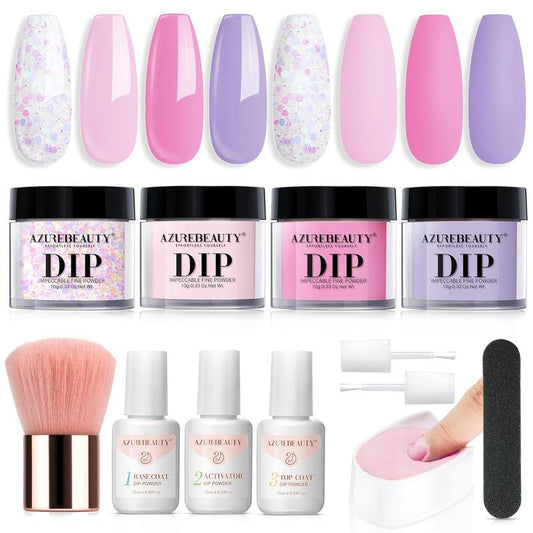 AZUREBEAUTY 12Pcs Dip Powder Nail Starter Kit, 4 Colors Dipping Powder Set with Base Top Coat Activator Essential Liquid, Gift Choice