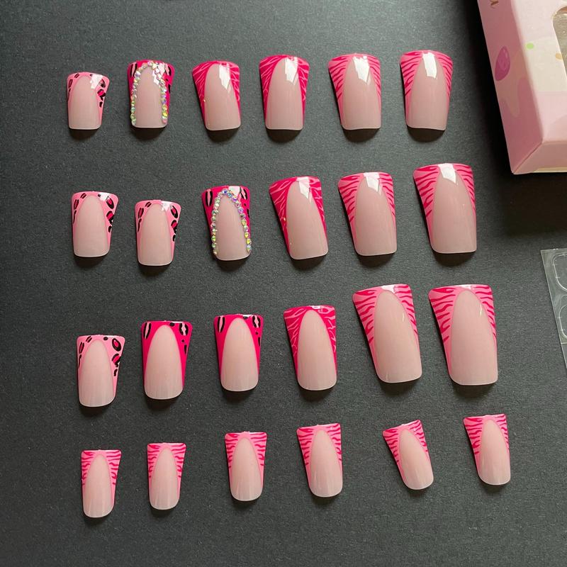 Pink Dot Fake Nail, 24pcs/set Rhinestone Decor Fashion Press on Nails for Women & Girls DIY Nail Art, Elegant Stick on Nails Kit