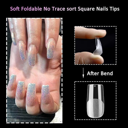 Transparent Square Nail Art & Nail Care Fake Nail Set, 1set/3sets Full Cover Press on False Nail Kit for Beginners, Reusable Nail Art Kit for Women & Girls, Portable Finger Manicure Kit, Nail Art Nail Care Kits, Nail Supplies