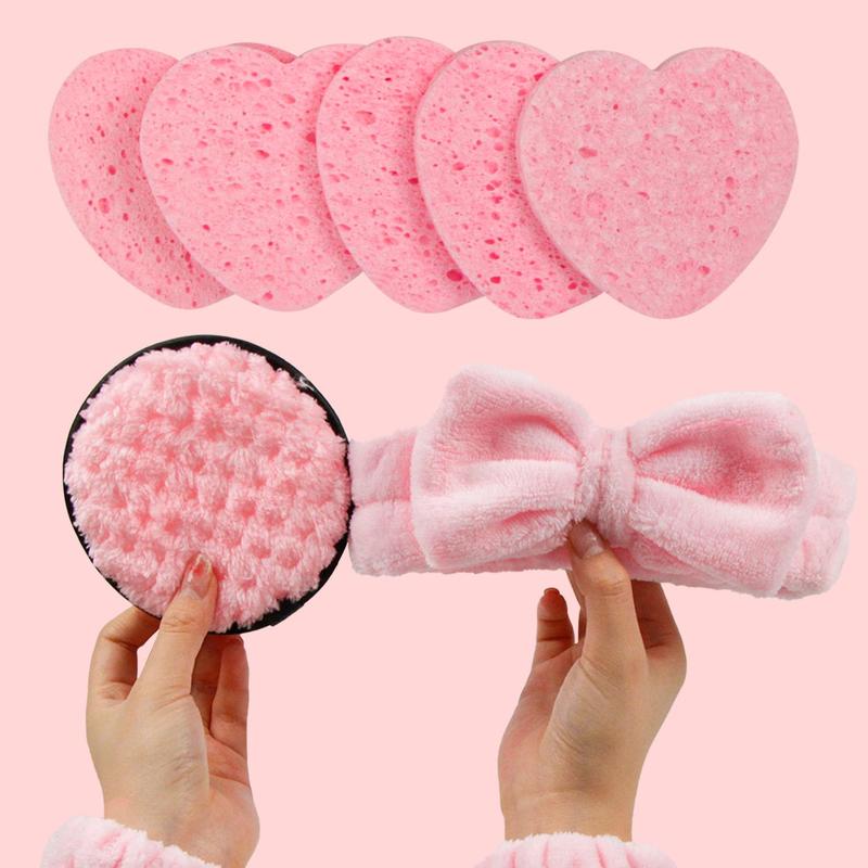 Facial Cleansing Tool Set, Including 1 Facial Cleansing Sponge, 5 Reusable Makeup Puff, 1 Bow Headband & 2 Makeup Wristband, Suitable for Women and Girls