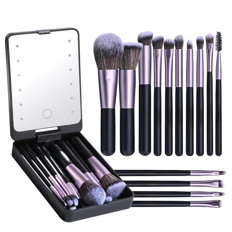 LED Makeup Mirror & Makeup Brushes Set, 1 Count Cosmetic Mirror Storage Box & 14pcs Multi-use Cosmetics Brushes, Professional Makeup Brush Set, Back To School Midnight Shimmer