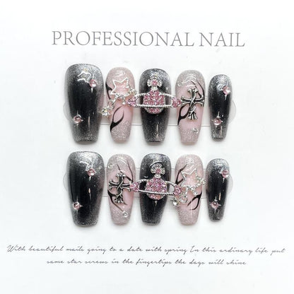 Press On Nails,Handmade,Trapezoid Fake Nails,French tip,Black and Pink ,Nail glitters,Nail gems