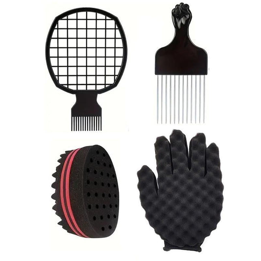 Hair Sponge Set with Sponge Glove, 4pcs/set Hair Sponge Brush & Comb Set, Heatless Styling Tools for Curly Hair