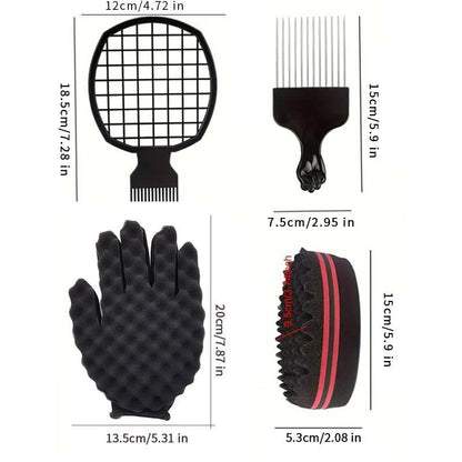 Hair Sponge Set with Sponge Glove, 4pcs/set Hair Sponge Brush & Comb Set, Heatless Styling Tools for Curly Hair