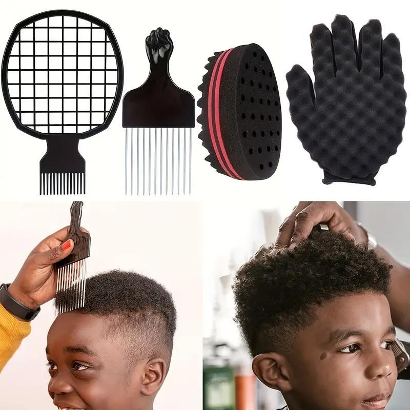 Hair Sponge Set with Sponge Glove, 4pcs/set Hair Sponge Brush & Comb Set, Heatless Styling Tools for Curly Hair