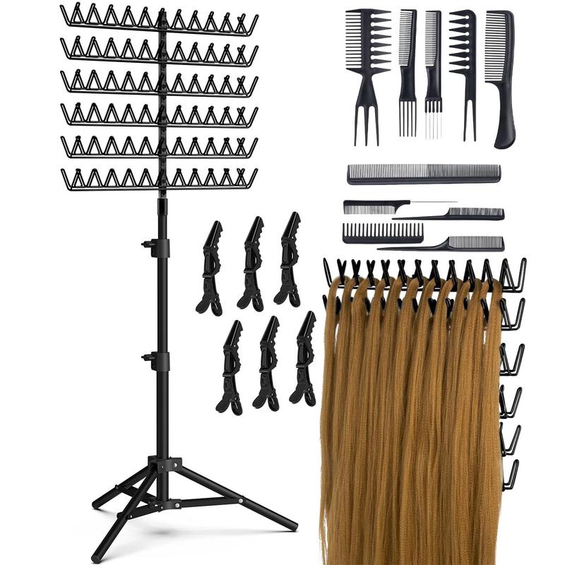 Heatless Hair Braiding Stand Set, 17pcs/set Hair Extension Display Stand with Hair Braiding Tool Set, Adjustable Hair Extension Storage Rack for Salon, Home, Hotel, Travel