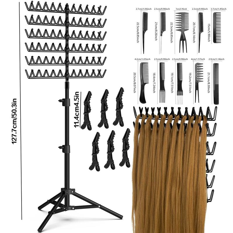 Heatless Hair Braiding Stand Set, 17pcs/set Hair Extension Display Stand with Hair Braiding Tool Set, Adjustable Hair Extension Storage Rack for Salon, Home, Hotel, Travel