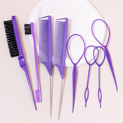 Hair Comb and Hair Braiding Set, Including 4 Weaving Tool Rings, 2 Mouse Tail Combs, 1 Double-end Comb, 1 Edge Control Brush, Heatless Styling Tools for Women