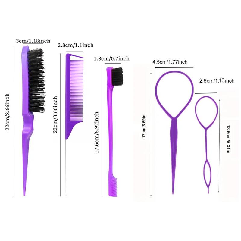 Hair Comb and Hair Braiding Set, Including 4 Weaving Tool Rings, 2 Mouse Tail Combs, 1 Double-end Comb, 1 Edge Control Brush, Heatless Styling Tools for Women