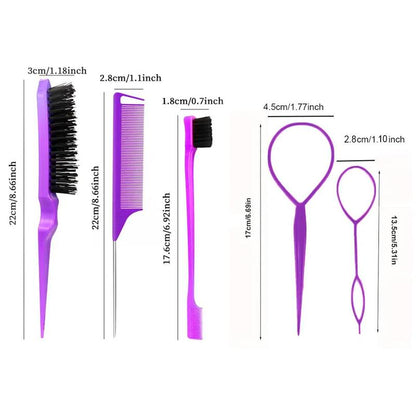 Hair Comb and Hair Braiding Set, Including 4 Weaving Tool Rings, 2 Mouse Tail Combs, 1 Double-end Comb, 1 Edge Control Brush, Heatless Styling Tools for Women