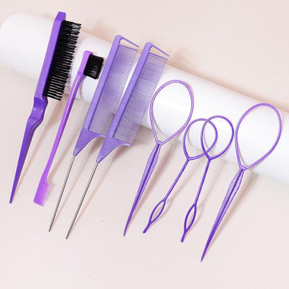 Hair Comb and Hair Braiding Set, Including 4 Weaving Tool Rings, 2 Mouse Tail Combs, 1 Double-end Comb, 1 Edge Control Brush, Heatless Styling Tools for Women