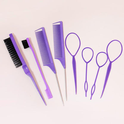 Hair Comb and Hair Braiding Set, Including 4 Weaving Tool Rings, 2 Mouse Tail Combs, 1 Double-end Comb, 1 Edge Control Brush, Heatless Styling Tools for Women