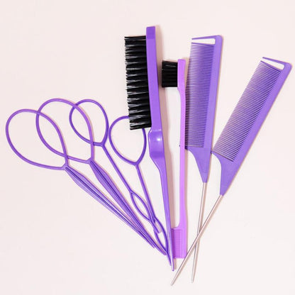 Hair Comb and Hair Braiding Set, Including 4 Weaving Tool Rings, 2 Mouse Tail Combs, 1 Double-end Comb, 1 Edge Control Brush, Heatless Styling Tools for Women