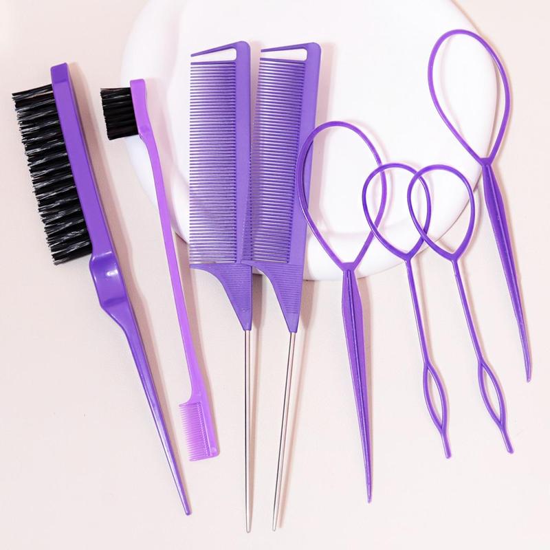 Hair Comb and Hair Braiding Set, Including 4 Weaving Tool Rings, 2 Mouse Tail Combs, 1 Double-end Comb, 1 Edge Control Brush, Heatless Styling Tools for Women