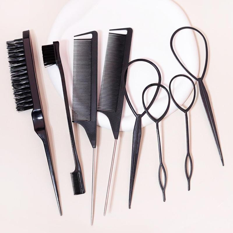 Hair Comb and Hair Braiding Set, Including 4 Weaving Tool Rings, 2 Mouse Tail Combs, 1 Double-end Comb, 1 Edge Control Brush, Heatless Styling Tools for Women