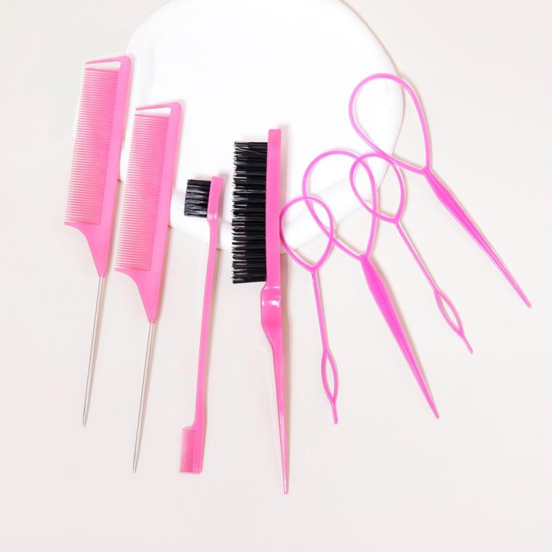 Hair Comb and Hair Braiding Set, Including 4 Weaving Tool Rings, 2 Mouse Tail Combs, 1 Double-end Comb, 1 Edge Control Brush, Heatless Styling Tools for Women