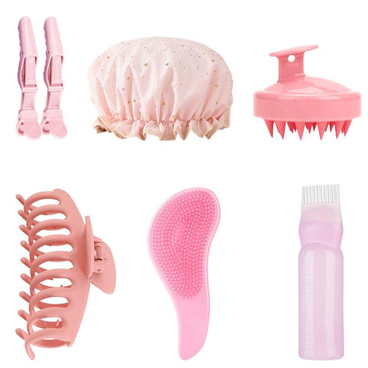 Manual Head Massage Hair Style Tool Set, 7 Counts Summer Hair Products, Including Shampoo Brush & Shower Cap & Hair Dye Bottle & Hair Clip & Hair Brush, Heatless Smooth Hair Care Tools for Women