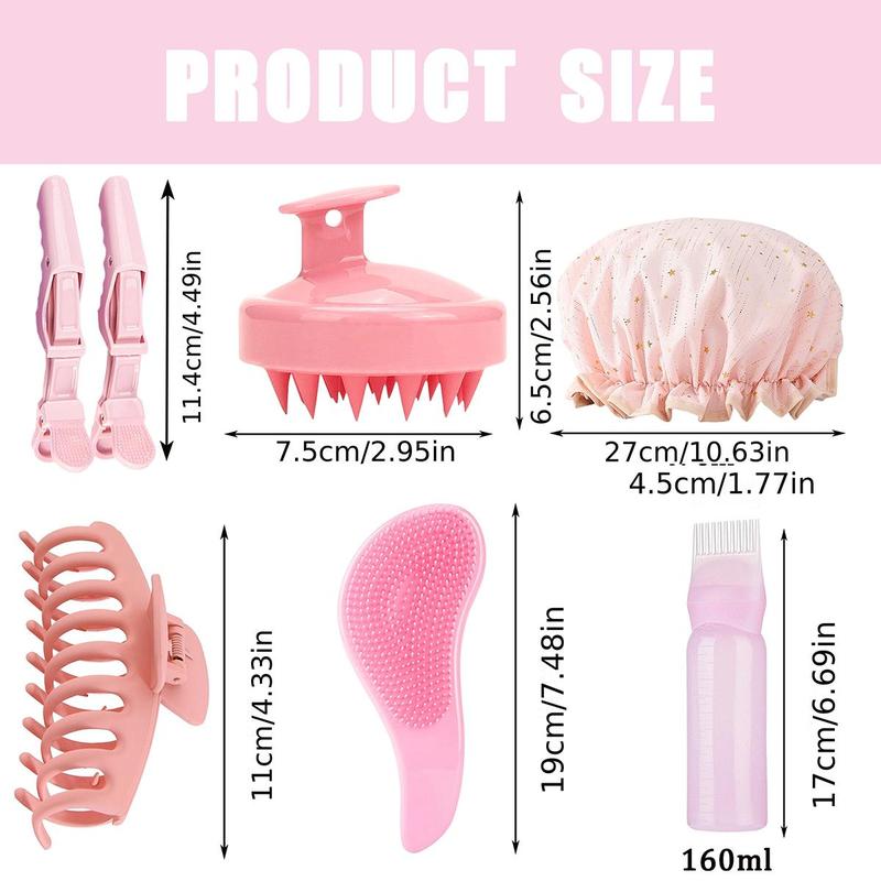 Manual Head Massage Hair Style Tool Set, 7 Counts Summer Hair Products, Including Shampoo Brush & Shower Cap & Hair Dye Bottle & Hair Clip & Hair Brush, Heatless Smooth Hair Care Tools for Women