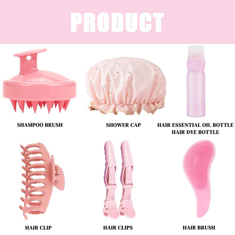 Manual Head Massage Hair Style Tool Set, 7 Counts Summer Hair Products, Including Shampoo Brush & Shower Cap & Hair Dye Bottle & Hair Clip & Hair Brush, Heatless Smooth Hair Care Tools for Women