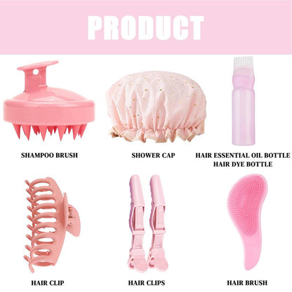 Manual Head Massage Hair Style Tool Set, 7 Counts Summer Hair Products, Including Shampoo Brush & Shower Cap & Hair Dye Bottle & Hair Clip & Hair Brush, Heatless Smooth Hair Care Tools for Women