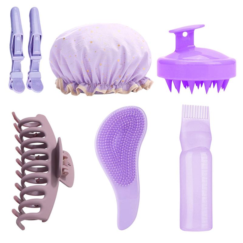 Manual Head Massage Hair Style Tool Set, 7 Counts Summer Hair Products, Including Shampoo Brush & Shower Cap & Hair Dye Bottle & Hair Clip & Hair Brush, Heatless Smooth Hair Care Tools for Women