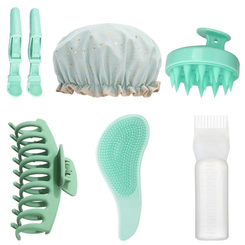 Manual Head Massage Hair Style Tool Set, 7 Counts Summer Hair Products, Including Shampoo Brush & Shower Cap & Hair Dye Bottle & Hair Clip & Hair Brush, Heatless Smooth Hair Care Tools for Women