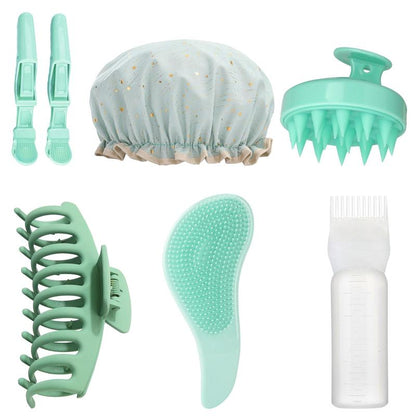 Manual Head Massage Hair Style Tool Set, 7 Counts Summer Hair Products, Including Shampoo Brush & Shower Cap & Hair Dye Bottle & Hair Clip & Hair Brush, Heatless Smooth Hair Care Tools for Women