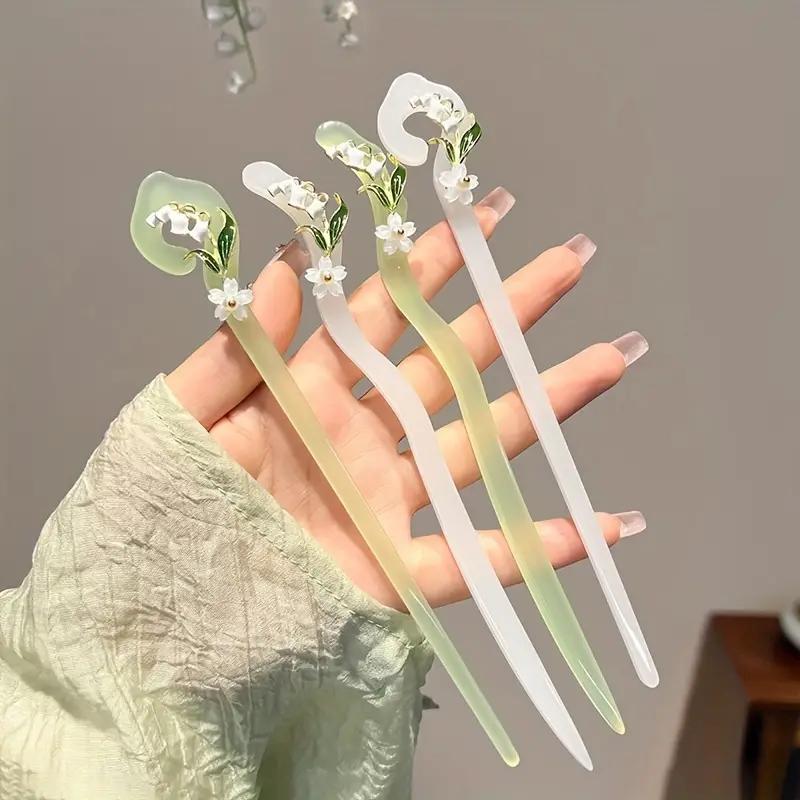 Flower Decorated Hair Pin (4pcs/set), Jadeite Hairpin, Heatless Styling Tool for Women & Girls