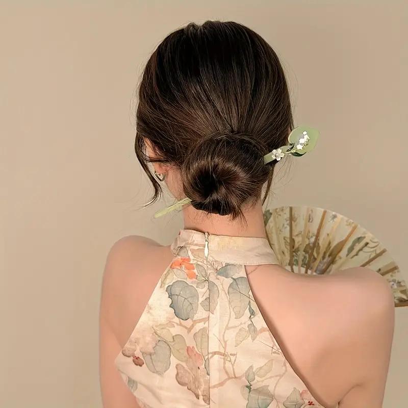 Flower Decorated Hair Pin (4pcs/set), Jadeite Hairpin, Heatless Styling Tool for Women & Girls