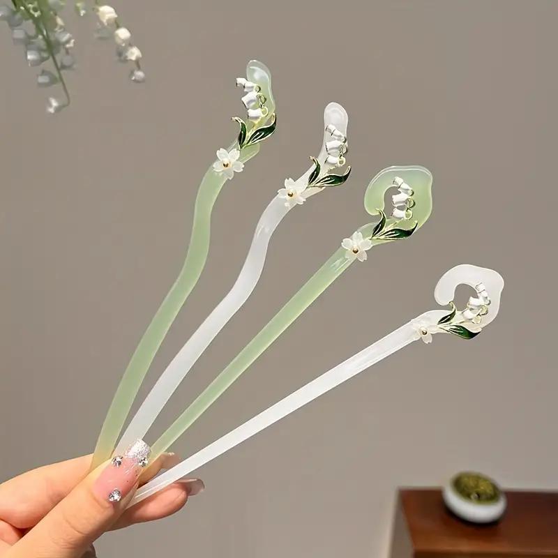 Flower Decorated Hair Pin (4pcs/set), Jadeite Hairpin, Heatless Styling Tool for Women & Girls