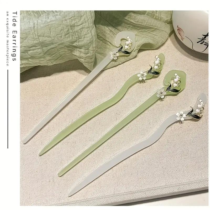 Flower Decorated Hair Pin (4pcs/set), Jadeite Hairpin, Heatless Styling Tool for Women & Girls