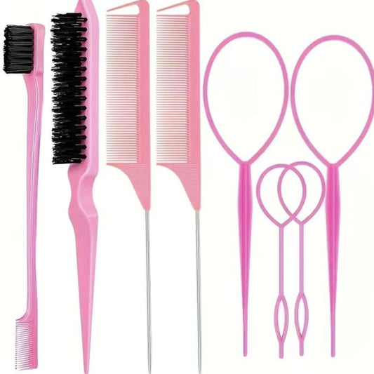 Professional Heatless Hair Styling Tools Set, Steel Needle Tip Tail Comb, Double Head Eyebrow Brush, Large & Small Hair Braiding Hoop, Summer Gifts, Heat Stick