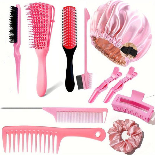 Hair Styling Tool Set, 11pcs/set Detangling Brush Set, Detangling Brush And Comb For Natural Hair, Sleep Bonnet, Big Claw Clip For Summer Haircare