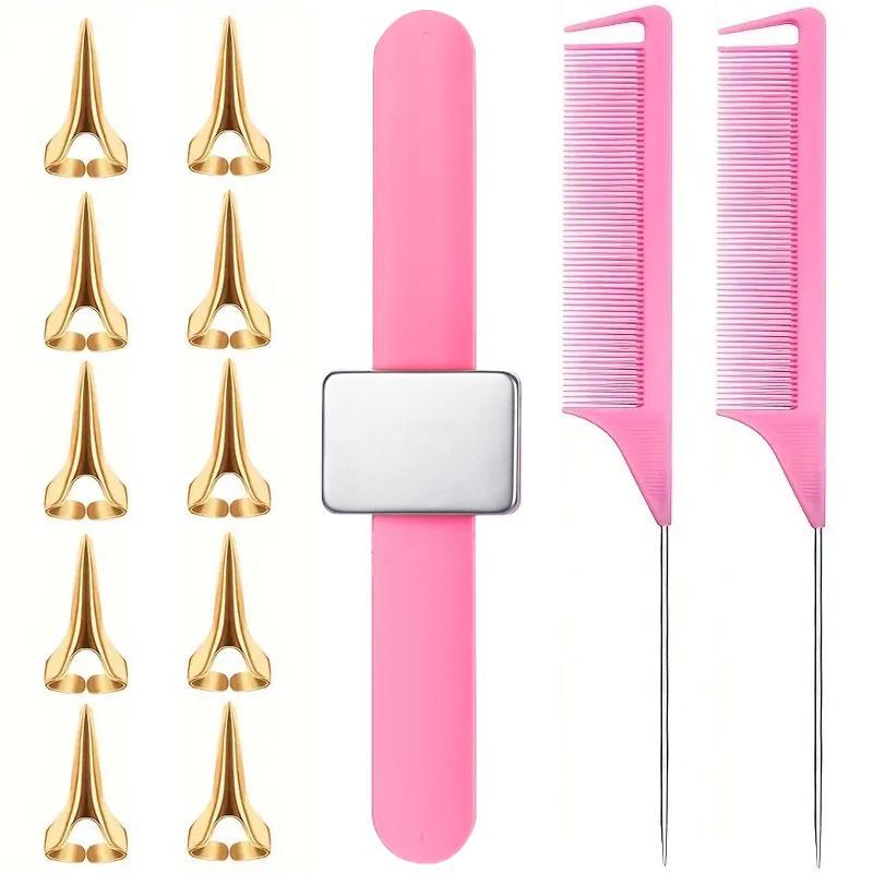 Hairdressing Tool Set, 13pcs/set Hair Parting Rings & Metal Rat Tail Comb & Pin Holder Wristband for Braiding, Dyeing, Curling & Hair Extension