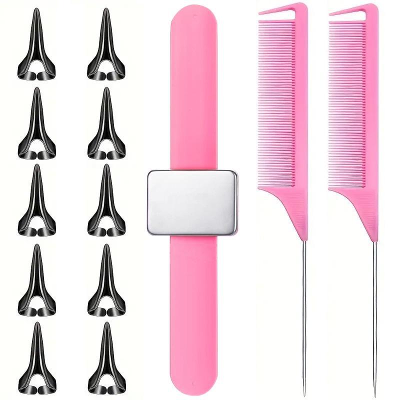 Hairdressing Tool Set, 13pcs/set Hair Parting Rings & Metal Rat Tail Comb & Pin Holder Wristband for Braiding, Dyeing, Curling & Hair Extension