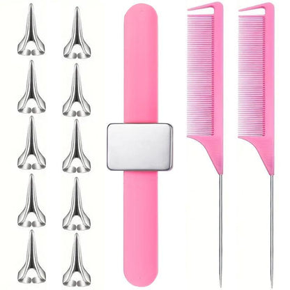 Hairdressing Tool Set, 13pcs/set Hair Parting Rings & Metal Rat Tail Comb & Pin Holder Wristband for Braiding, Dyeing, Curling & Hair Extension