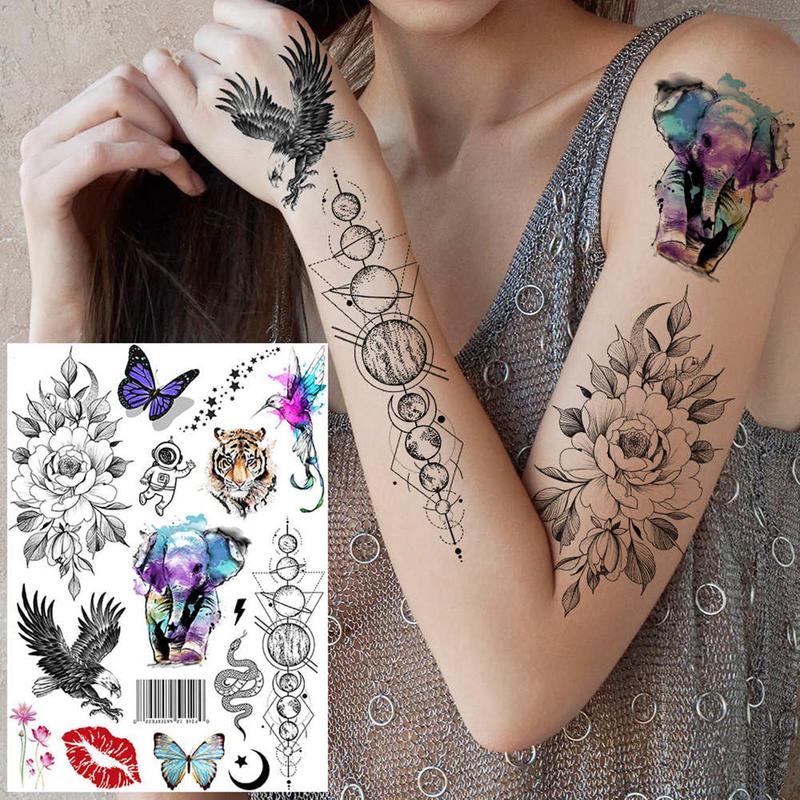 6pcs Lion & Wolf & Astronaut & Flower Pattern Temporary Tattoo, Body Decals for Women and Men