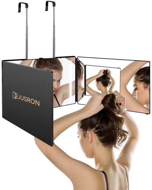 JUSRON 3 Way Mirror for Self Hair Cutting, 360 Trifold Barber Mirrors 3 Sided Makeup Mirror to See Back of Head, Used for Hair Coloring, Braiding, Good Gifts for Men Women