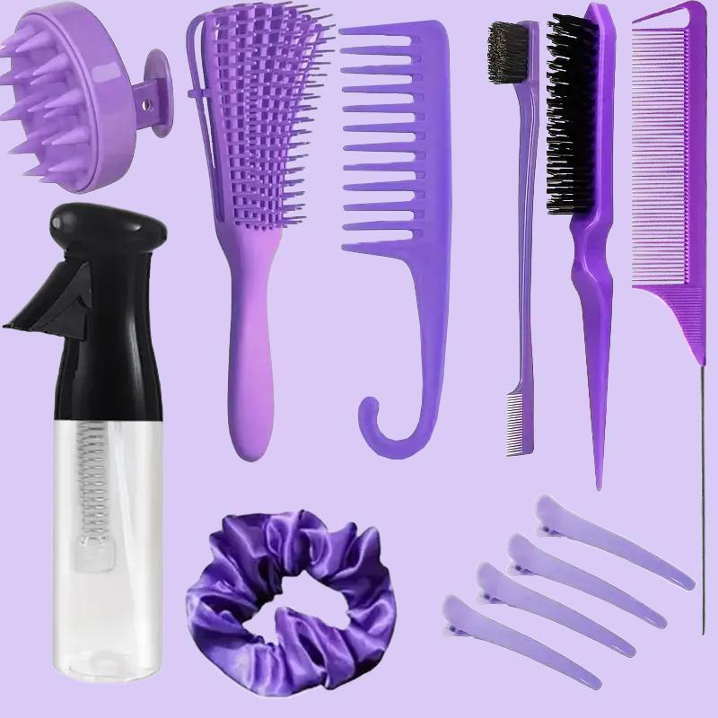 Hair Care & Styling Tool, Summer Gifts, 1 Count Detangling Brush & 1 Count Rat Tail Comb & 1 Count Dual Ended Hair Brush & 1 Count Wide Tooth Comb & 1 Count Bristle Brush & 4 Hair Clips & Hair Tie & Scalp Massage Brush & Empty Spray Bottle